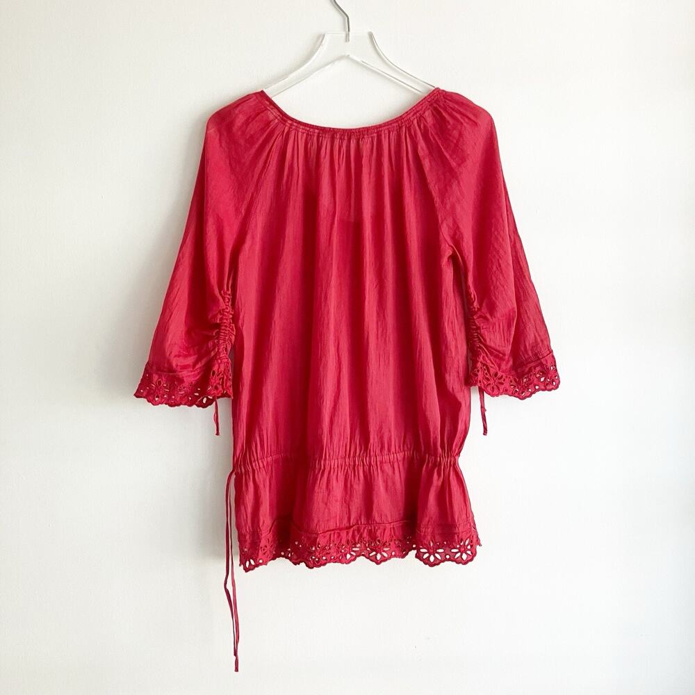 Zara Small Peasant Tunic Top Eyelet Red V Neck Drawstring 3/4 Sleeves Boho - Picture 4 of 5